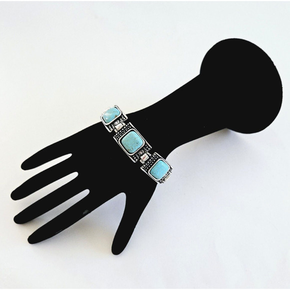 Faux Turquoise Bracelet Blue Geometric Silvertone Southwestern Aztec Boho Tribal - Picture 4 of 9